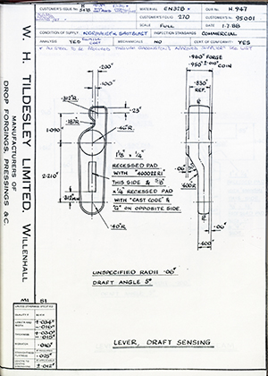 The British Tool & Engineering Co 95001 Lever, Draft Sensing WH Tildesley Forging Technical Drawing