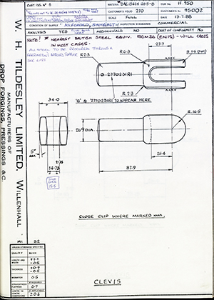 The British Tool & Engineering Co 95002 Clevis WH Tildesley Forging Technical Drawing