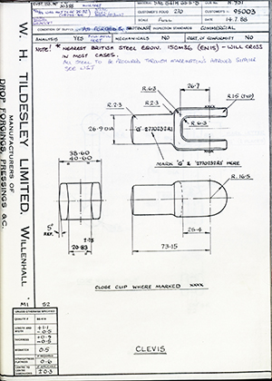 The British Tool & Engineering Co 95003 Clevis WH Tildesley Forging Technical Drawing