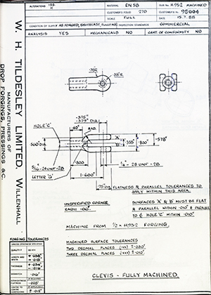 The British Tool & Engineering Co 95004 Clevis - Fully Machined WH Tildesley Forging Technical Drawing