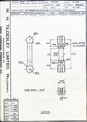 The British Tool & Engineering Co 95004 Clevis WH Tildesley Forging Technical Drawing