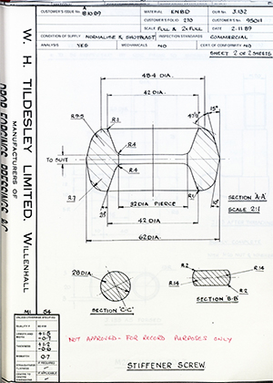 The British Tool & Engineering Co 95011 Stiffener Screw WH Tildesley Forging Technical Drawing