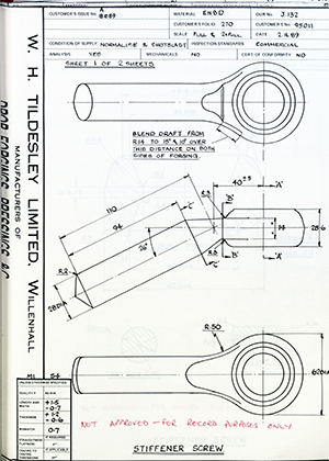 The British Tool & Engineering Co 95011 Stiffener Screw WH Tildesley Forging Technical Drawing