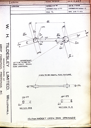 The British Tool & Engineering Co 9561-C 10x88A Midget Open Jaw Spanner WH Tildesley Forging Technical Drawing