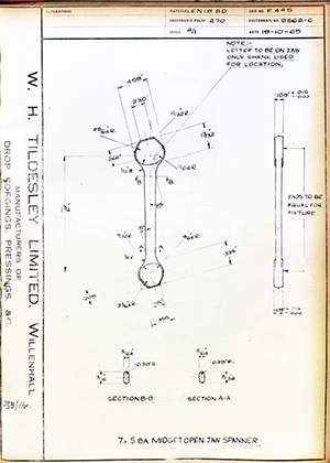 The British Tool & Engineering Co 9562-C 7x 5 BA Midget Open Jaw Spanner WH Tildesley Forging Technical Drawing