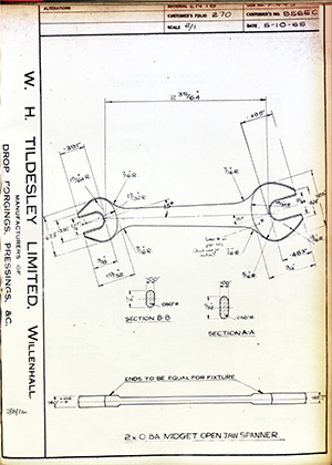 The British Tool & Engineering Co 9565C 2x 0 BA Midget Open Jaw Spanner WH Tildesley Forging Technical Drawing