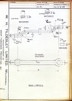 The British Tool & Engineering Co A5840-D Ring Wrench WH Tildesley Forging Technical Drawing