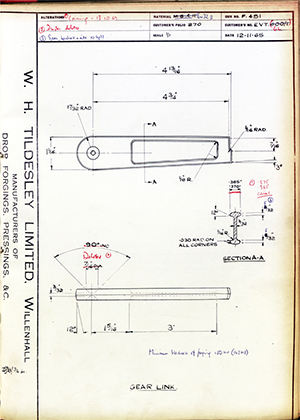 The British Tool & Engineering Co EVT 600/1 / 6L Gear Link WH Tildesley Forging Technical Drawing