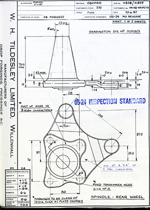 The British Tool & Engineering Co X91AB-4A492-01 Spindle - Rear Wheel WH Tildesley Forging Technical Drawing