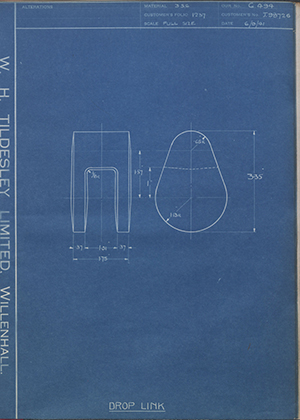 The DeHavilland Aircraft Co LTD J98726 Drop Link WH Tildesley Forging Technical Drawing