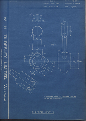 The Maudslay Motor Company LTD 13319 Clutch Lever WH Tildesley Forging Technical Drawing