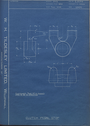 The Maudslay Motor Company LTD 13320 Clutch Pedal Stop WH Tildesley Forging Technical Drawing