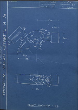 The Staffordshire Edge Tool Co 1 1/4lb Claw Hammer - 1 1/4lb WH Tildesley Forging Technical Drawing