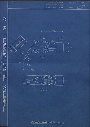 The Staffordshire Edge Tool Co 12oz Claw Hammer 12oz WH Tildesley Forging Technical Drawing