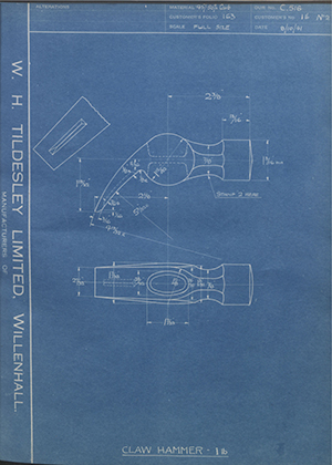 The Staffordshire Edge Tool Co 1lb No2 Claw Hammer - 1lb WH Tildesley Forging Technical Drawing