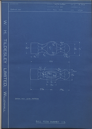 The Staffordshire Edge Tool Co  Ball Peen Hammer 1lb WH Tildesley Forging Technical Drawing