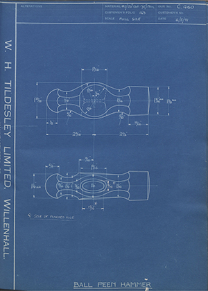 The Staffordshire Edge Tool Co  Ball Peen Hammer WH Tildesley Forging Technical Drawing