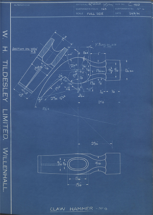 The Staffordshire Edge Tool Co No4 Claw Hammer No4 WH Tildesley Forging Technical Drawing