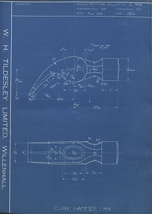 The Staffordshire Edge Tool Co No6 Claw Hammer No6 WH Tildesley Forging Technical Drawing