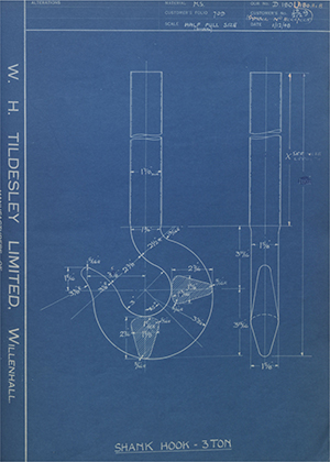 The Vaughan Crane Company 19/212 9 / 1009005 Shank Hook - 3 Ton WH Tildesley Forging Technical Drawing