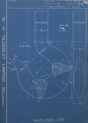 The Vaughan Crane Company 20/212 9 Shank Hook - 2 Ton WH Tildesley Forging Technical Drawing