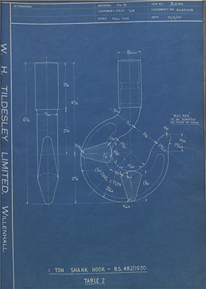 The Vaughan Crane Company 61105039 1 Ton Shank Hook - BS 482/1950 Table 2 WH Tildesley Forging Technical Drawing