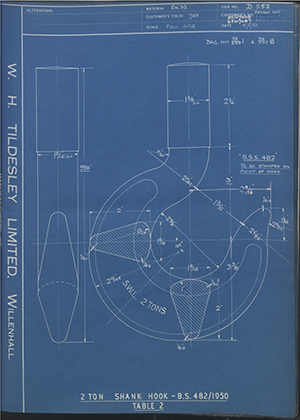 The Vaughan Crane Company 65109039 / 65109041 2 Ton Shank Hook - BS 482/1950 Table 2 WH Tildesley Forging Technical Drawing