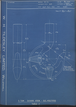 The Vaughan Crane Company 6511041 / 65111039 5 Ton Shank Hook - BS 482/1950 Table 2 WH Tildesley Forging Technical Drawing