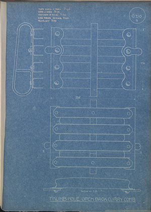 Thumb-Hole Open Back Curry Comb WH Tildesley Forging Technical Drawing