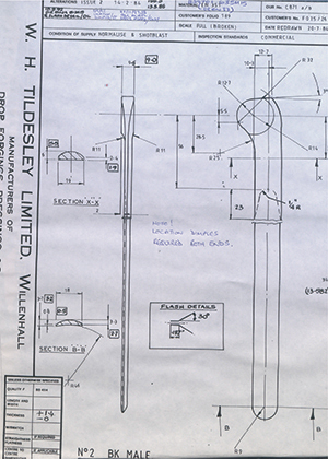 Timothy Parkes & Sons LTD F025/26 No2 BK Male WH Tildesley Forging Technical Drawing