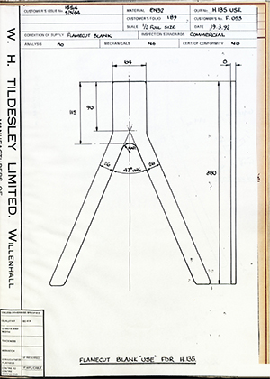 Timothy Parkes & Sons LTD F053 Flamecut Blank 'Use' for H135 WH Tildesley Forging Technical Drawing