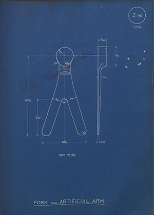 Timothy Parkes & Sons Ltd Fork for Artificial Arm WH Tildesley Forging Technical Drawing