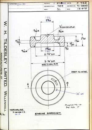 Triumph Engineering Co LTD 71-3543 Engine Sprocket WH Tildesley Forging Technical Drawing