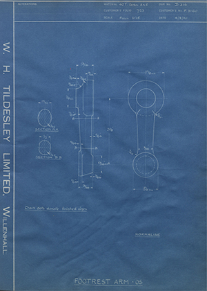 Triumph Engineering Co LTD F3160 Footrest Arm - Outer Side WH Tildesley Forging Technical Drawing