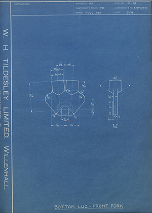 Triumph Engineering Co LTD H174 & 174A Bottom Lug - Front Fork WH Tildesley Forging Technical Drawing