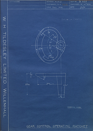 Triumph Engineering Co LTD NT254 Gear Control Operating Ratchet WH Tildesley Forging Technical Drawing