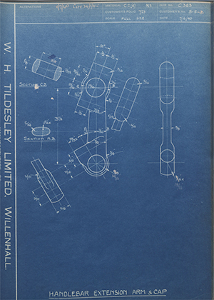 Triumph Engineering Co LTD S-5-B Handlebar Extension Arm & Cap WH Tildesley Forging Technical Drawing