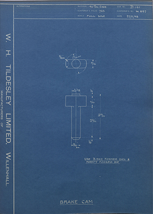 Triumph Engineering Co LTD W857 Brake Cam WH Tildesley Forging Technical Drawing