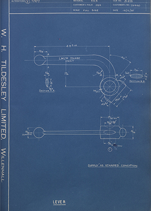 Truck & Bus Division Leyland UK LTD (FKA Leyland Motors) 231490 Lever WH Tildesley Forging Technical Drawing