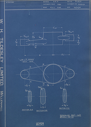 Truck & Bus Division Leyland UK LTD (FKA Leyland Motors) 535070 Lever WH Tildesley Forging Technical Drawing