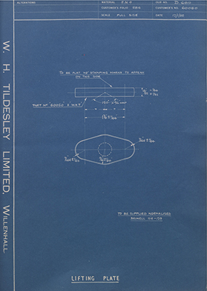 Truck & Bus Division Leyland UK LTD (FKA Leyland Motors) 60050 Lifting Plate WH Tildesley Forging Technical Drawing