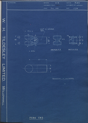 Truck & Bus Division Leyland UK LTD (FKA Leyland Motors) 652862 Fork End WH Tildesley Forging Technical Drawing