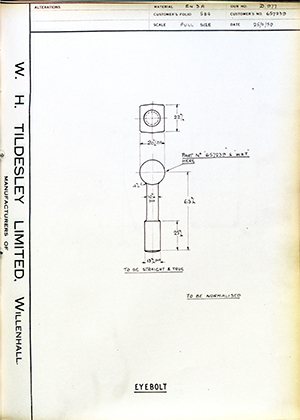 Truck & Bus Division Leyland UK LTD (FKA Leyland Motors) 657239 Eyebolt WH Tildesley Forging Technical Drawing