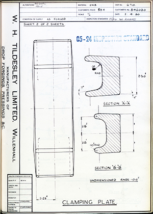 Truck & Bus Division Leyland UK LTD (FKA Leyland Motors) 846030 Clamping Plate WH Tildesley Forging Technical Drawing