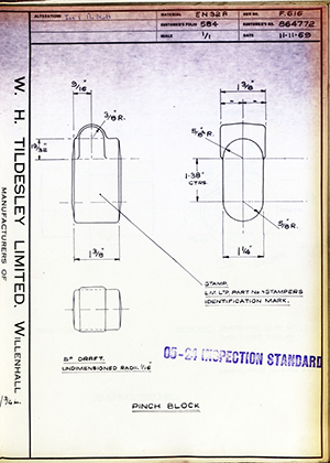 Truck & Bus Division Leyland UK LTD (FKA Leyland Motors) 864772 Pinch Block WH Tildesley Forging Technical Drawing