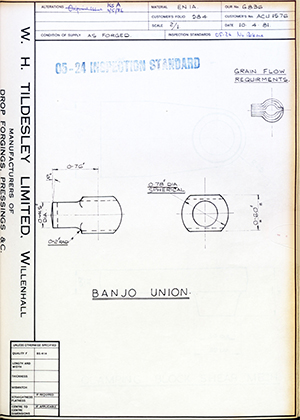 Truck & Bus Division Leyland UK LTD (FKA Leyland Motors) ACU1576 Banjo Union WH Tildesley Forging Technical Drawing