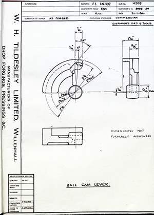 Truck & Bus Division Leyland UK LTD (FKA Leyland Motors) BHSS139 Ball Cam Lever WH Tildesley Forging Technical Drawing