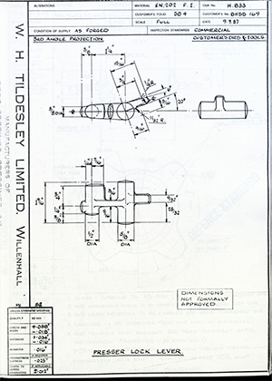 Truck & Bus Division Leyland UK LTD (FKA Leyland Motors) BHSS169 Presser Lock Lever WH Tildesley Forging Technical Drawing