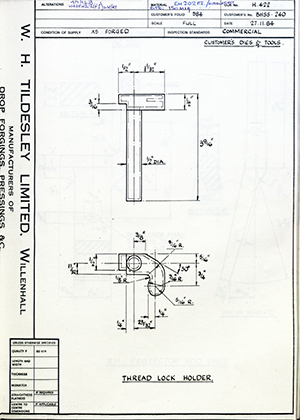 Truck & Bus Division Leyland UK LTD (FKA Leyland Motors) BHSS240 Thread Lock Holder WH Tildesley Forging Technical Drawing