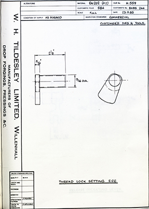 Truck & Bus Division Leyland UK LTD (FKA Leyland Motors) BHSS244 Thread Lock Setting ECC WH Tildesley Forging Technical Drawing